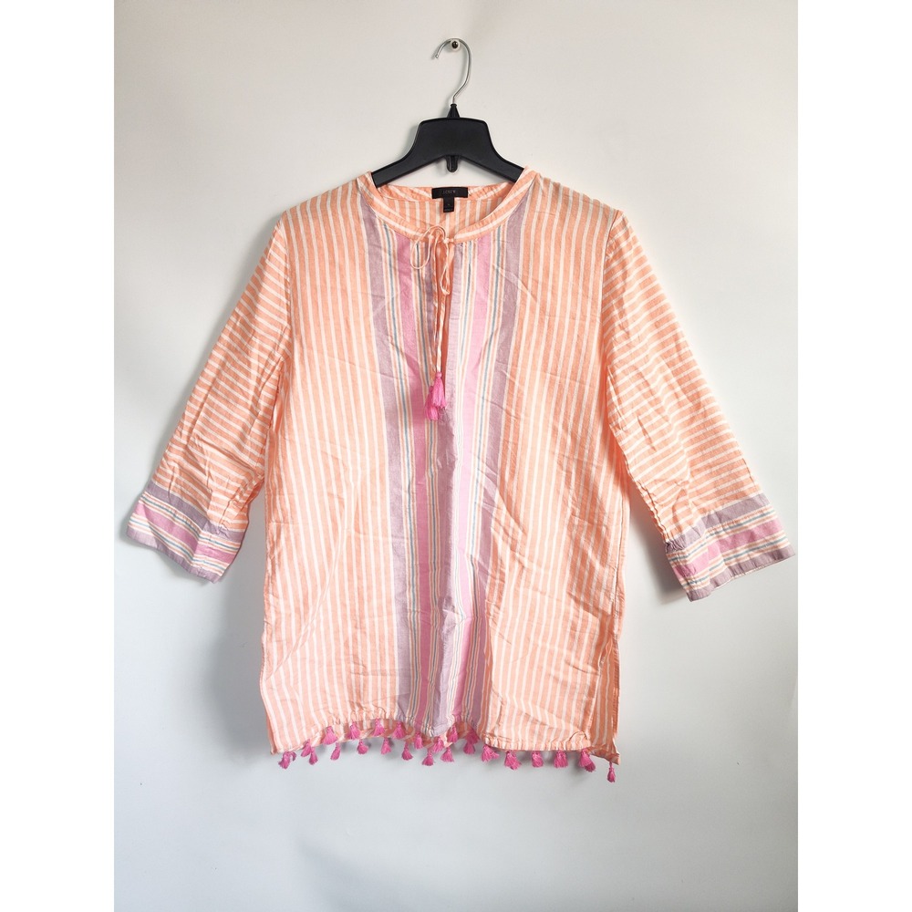 J.Crew Tunic Top Swimsuit Coverup XL Orange Pink Striped Linen Cotton Tassels - Picture 3 of 8